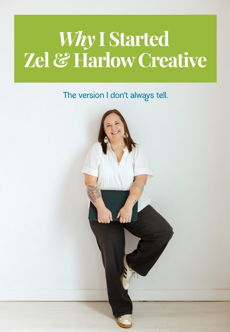 Stephanie Walters, founder of Zel & Harlow Creative, smiling against a white wall beneath the title “Why I Started Zel & Harlow Creative.”